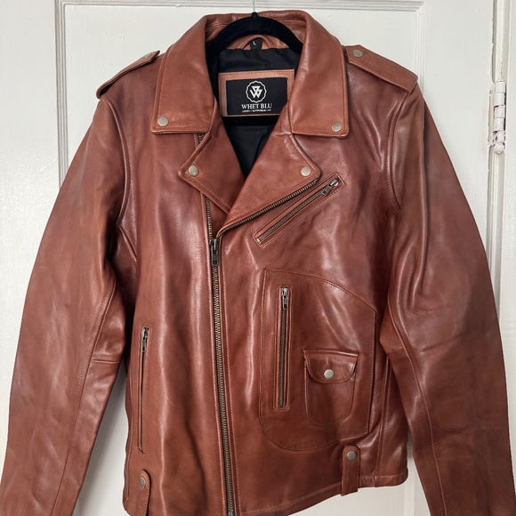 Men’s Cognac Brown Genuine Leather Moto Jacket – Classic Biker Cut (Size L) - Picture 1 of 3